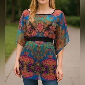 Forever 21 Paisley Kaftan style sheer belted Top blouse